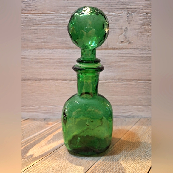 unbranded Other - Green Empoli Style Glass Genie Bottle Decanter Large Bubble Stopper Mid C